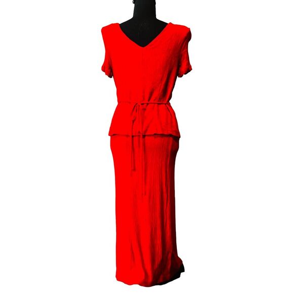 Miss Dorby Vintage Red Dress Shoulder Pads Waist Tie 80s V Neck Long - Picture 3 of 6